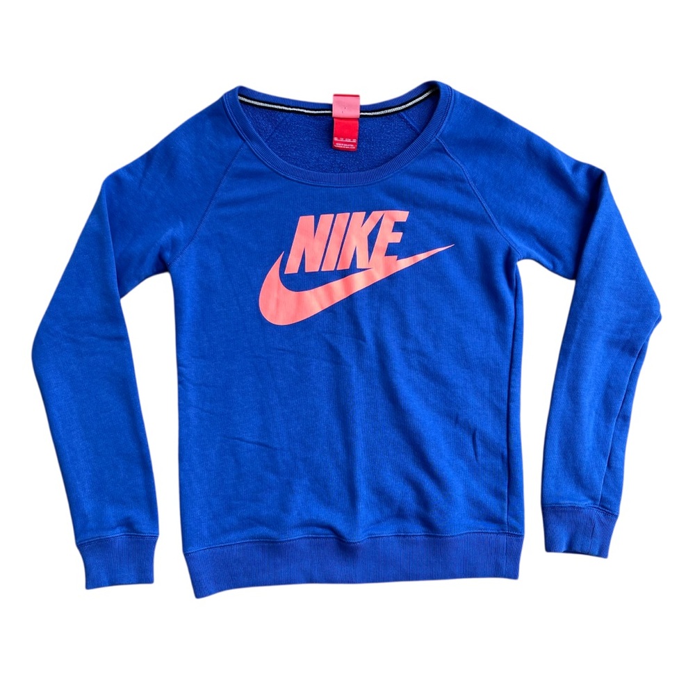 💙 Nike Women's Blue Graphic Scoop Neck‎ Pullover Sweatshirt SZ XS Athleisure